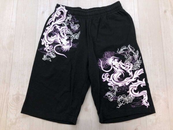 ソリデル Sorridere レトロ 和柄 グランジ ドラゴン 竜 龍 雲 和柄 ラメプリント ハーフ ショート スウェット パンツ メンズ 綿混 L 黒拍卖