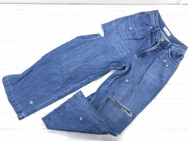 レイジブルー RAGEBLUE ドメスティック ストリート フラワー刺繍 ダメージ加工 タック ワイド デニム ジーンズ レディース 綿100% F 青拍卖