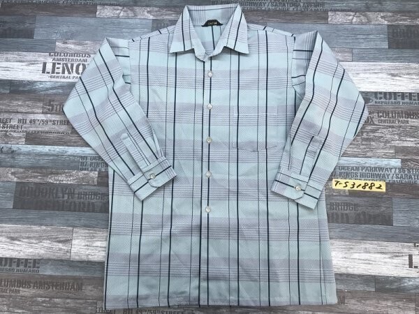 TALK メンズ 日本製 美品 胸ポケット付き チェック柄 レトロ オープンカラー 七分袖シャツ ミントブルー緑紫拍卖