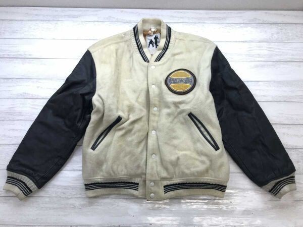 レトロ アメトラ スポーツ 袖牛革レザー切替 中綿 スタジャン バーシティー アワード ジャケット メンズ ウール混合 L 黒ベージュ拍卖