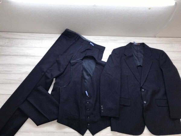 DORMIN トラッド ストライプ 3ピース 2つボタン ジャケット ベスト スラックス スーツ上下セットアップ 3点セット メンズ 98AB6 紺拍卖
