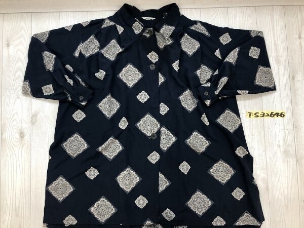 ANIMATO レディース アンティーク 総柄 ブラウス サイドスリット 紺拍卖