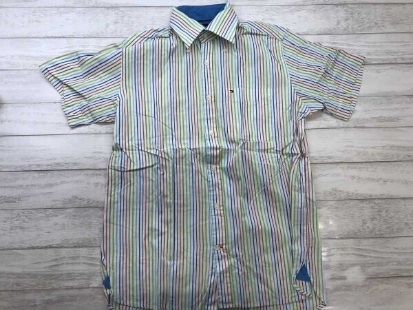 トミーヒルフィガー TOMMY HILFIGER アメトラ マルチストライプ ボタンダウン 半袖シャツ メンズ コットン100% 80's two ply S 白系拍卖