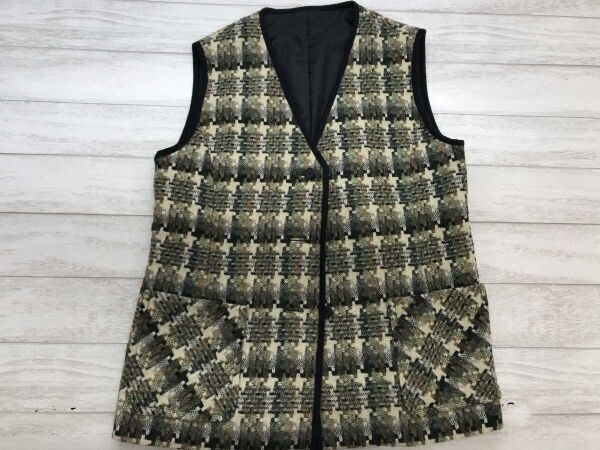 オールド レトロ モード 古着 総柄 ツイード パイピング ニット ベスト 総裏地 カーキ系 レディース拍卖