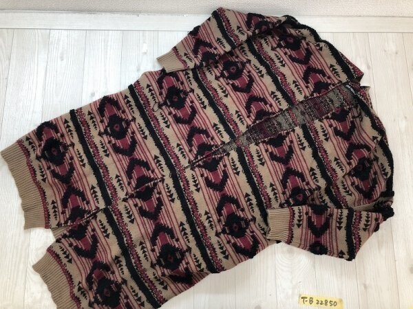 SPRAY PREMIUM レディース トライバル柄 ロング ニットカーディガン M ベージュ赤黒拍卖