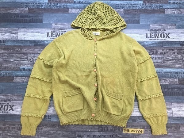 SAISON・DE・ELLE レディース 綿 香港製 メッシュフード ニットカーディガン L 薄黄緑拍卖