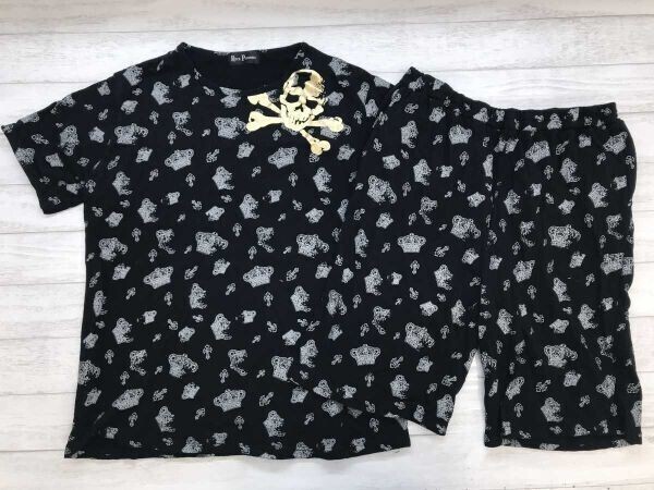 ROCK PLATOON ネオグランジ ゴシック ロック ネオお兄系 スカル クロス 総柄 半袖Tシャツ ハーフパンツ 上下セットアップ メンズ XL 黒拍卖