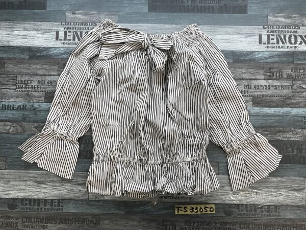 THE VIRGNIA レディース ストライプ リボン結 フリル袖 ブラウス プルオーバー カットソー 900 紺白 綿ポリウレタン拍卖