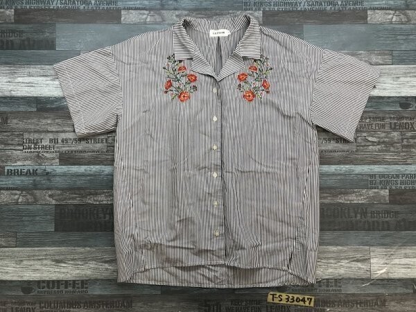 LEPSIM レディース 花刺繍 ストライプ オープンカラー 半袖シャツ F 濃グレーオレンジ レーヨンポリエステル拍卖