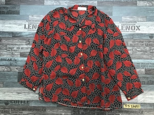 上海流星 レディース 葉プリント ブラウス 長袖シャツ 黒赤拍卖