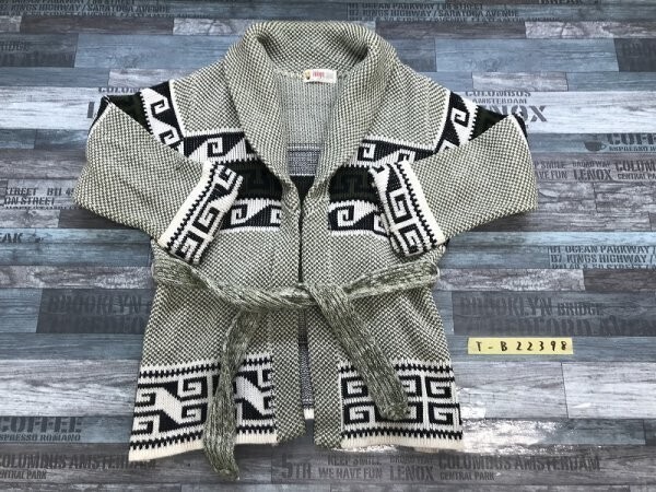YOUNG MIYO レディース ショールカラー ベルト付 柄織り ニットジャケット カーキ白拍卖