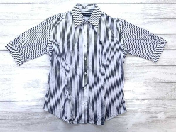 ラルフローレン Ralph Lauren Sport アメカジ トラッド ストライプ ロゴ刺繍 半袖 シャツ ブラウス レディース コットン100% 6 紺白拍卖