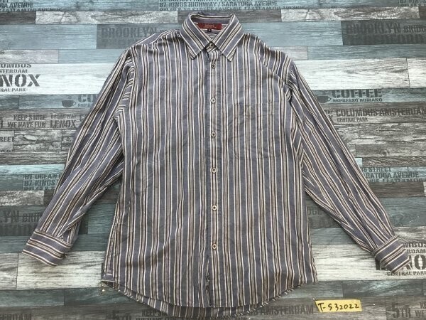 LE CENT メンズ マルチストライプ 胸ポケット 長袖シャツ S 紺茶拍卖