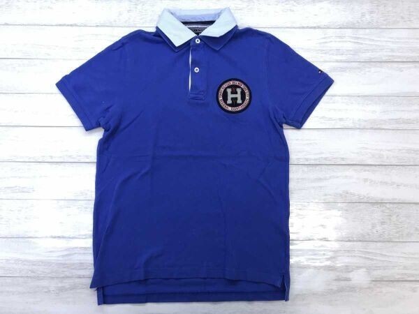 トミーヒルフィガー TOMMY HILFIGER レトロ アメカジ スポーツ ロゴワッペン 二重襟 ダブルカラー 半袖ポロシャツ メンズ 綿100% S 青拍卖