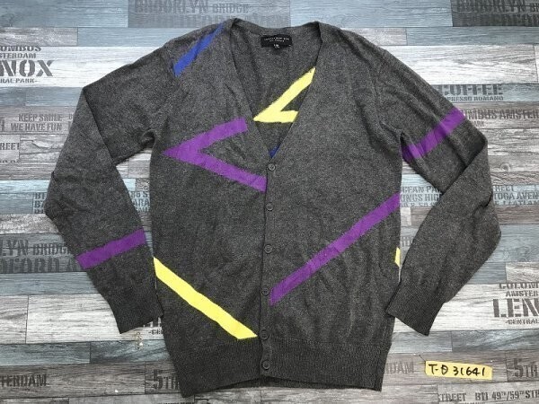 21 TWENTYONE MEN メンズ ライン入 コットンニット Vネック カーディガン S グレー拍卖