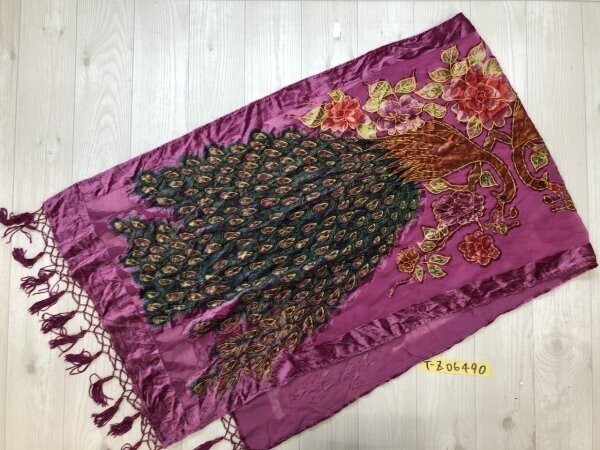 レディース ビジュー付き フリンジ付き 孔雀 ストール 赤紫×緑拍卖