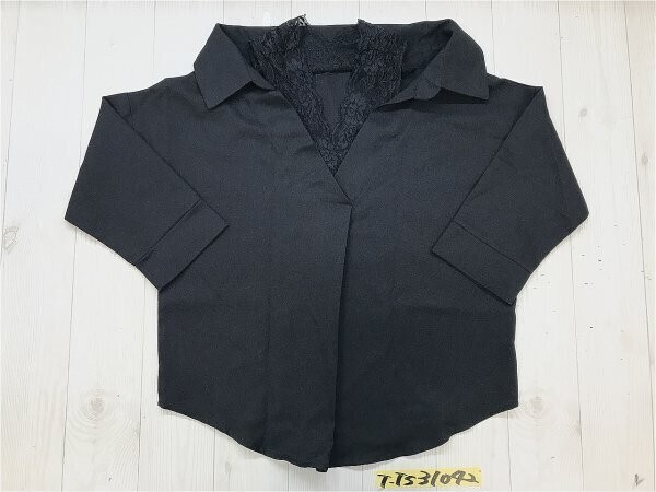 レディース フラワーレース Vネック ちりめん調 七分袖カットソー M 黒拍卖