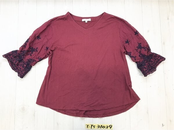 ON LOVE OFF レディース 切替異素材 ステッチスリーブ Vネック カットソー L エンジ拍卖