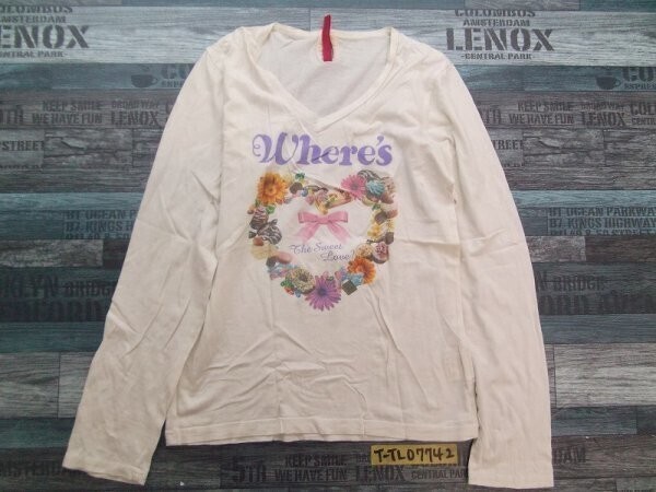 Valentine’s High レディース 花ハート型リースプリント ロンT 長袖Tシャツ 白拍卖