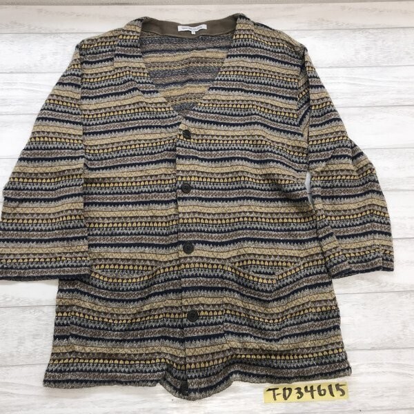 green label relaxing グリーンレーベル ユナイテッドアローズ メンズ 日本製 ボーダー柄 七分袖 Vネック ニットカーディガン L ブラウン拍卖