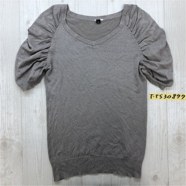 Sov. レディース クシュクシュ パフスリーブ サマーニットソー カーキグレー拍卖