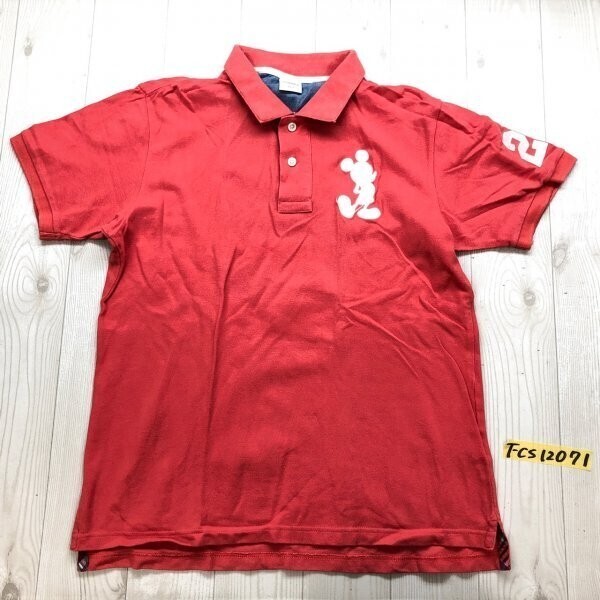 IGNIO イグニオ メンズ ミッキー刺繍 チェック柄パイピング 鹿の子 半袖ポロシャツ L 朱色拍卖