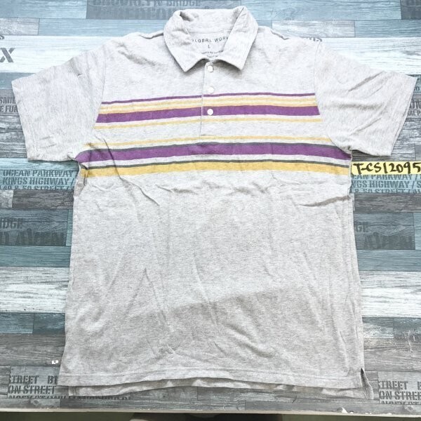 GLOBAL WORK グローバルワーク メンズ ボーダー コットン 半袖ポロシャツ L グレー紫拍卖