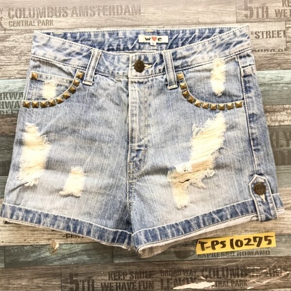 WC ダブルシー レディース スタッズ付き ダメージ加工 デニムジーンズショートパンツ S 青拍卖