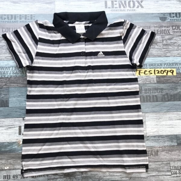 ADIDAS アディダス レディース ボーダー コットン 半袖ポロシャツ L 黒グレー拍卖