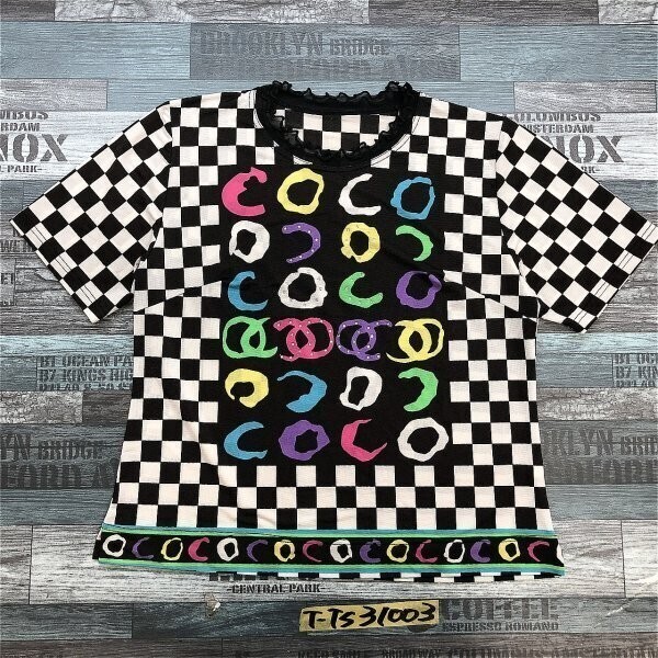 レディース メロウ チュールネック ライトストーン 市松 チェック 薄手 カットソー 白黒拍卖