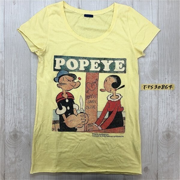 POPEYE レディース ポパイアンドオリーブ プリント 半袖Tシャツ 黄色拍卖
