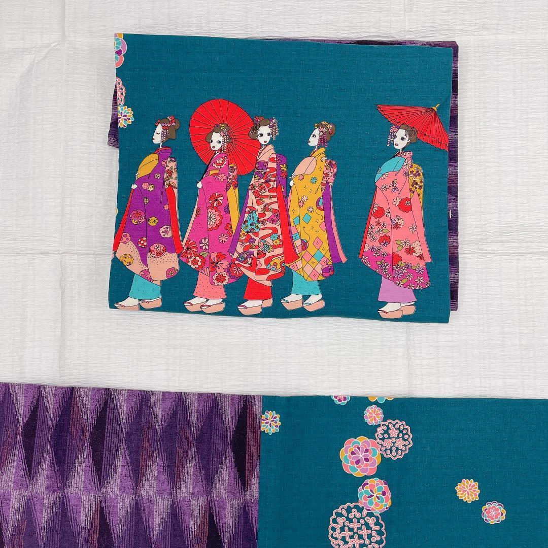 ★3420★ 作り帯 二部式 女性たちの柄 暗い青緑 紫色 オシャレ拍卖