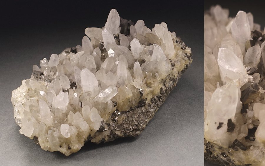 ∇花∇天然水晶原石 クォーツ・クラスター パイライト(黄鉄鉱)共生 幅13.2×7.8cm/重量586g 鉱物 天然石 宝石置物 群晶 F拍卖