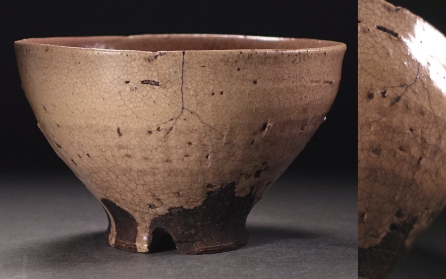 ∇花∇江戸時代初期~前期 古萩割高台茶碗 御本手を翻案した厳かな姿 枇杷釉も凛々しく華麗拍卖