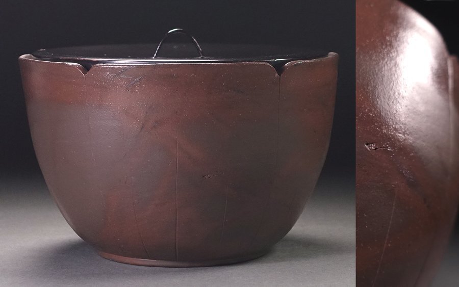 ∇花∇岡田宗叡鑑定 江戸時代後期 古備前輪花形水指 宗叡鑑定箱付 底に窯印 伊部手の薄作 火襷鮮烈な優品拍卖