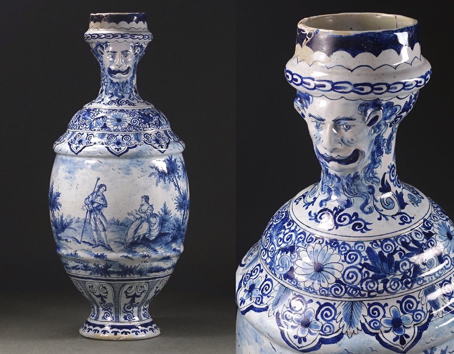 ∇花∇古デルフト陶器 18~19世紀頃オランダ 藍絵恋人図飾壷 花生 高さ34.5cm 鮮明なデルフトブルー拍卖