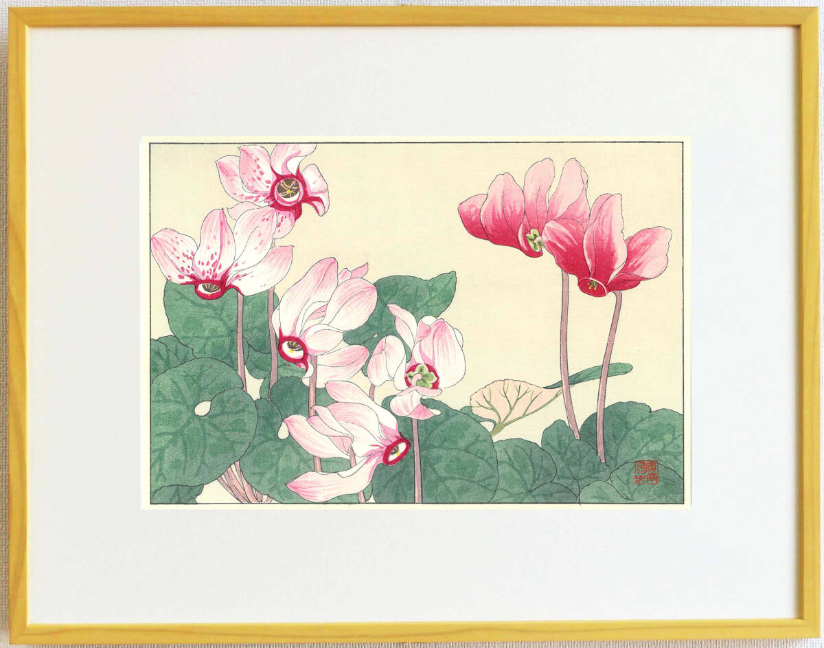 真作保証 額装 谷上廣南 木版画 シクラメン 西洋草花図譜 初版 昭和中期 今は亡き 摺りの巨匠新味氏の技をご堪能下さい!拍卖