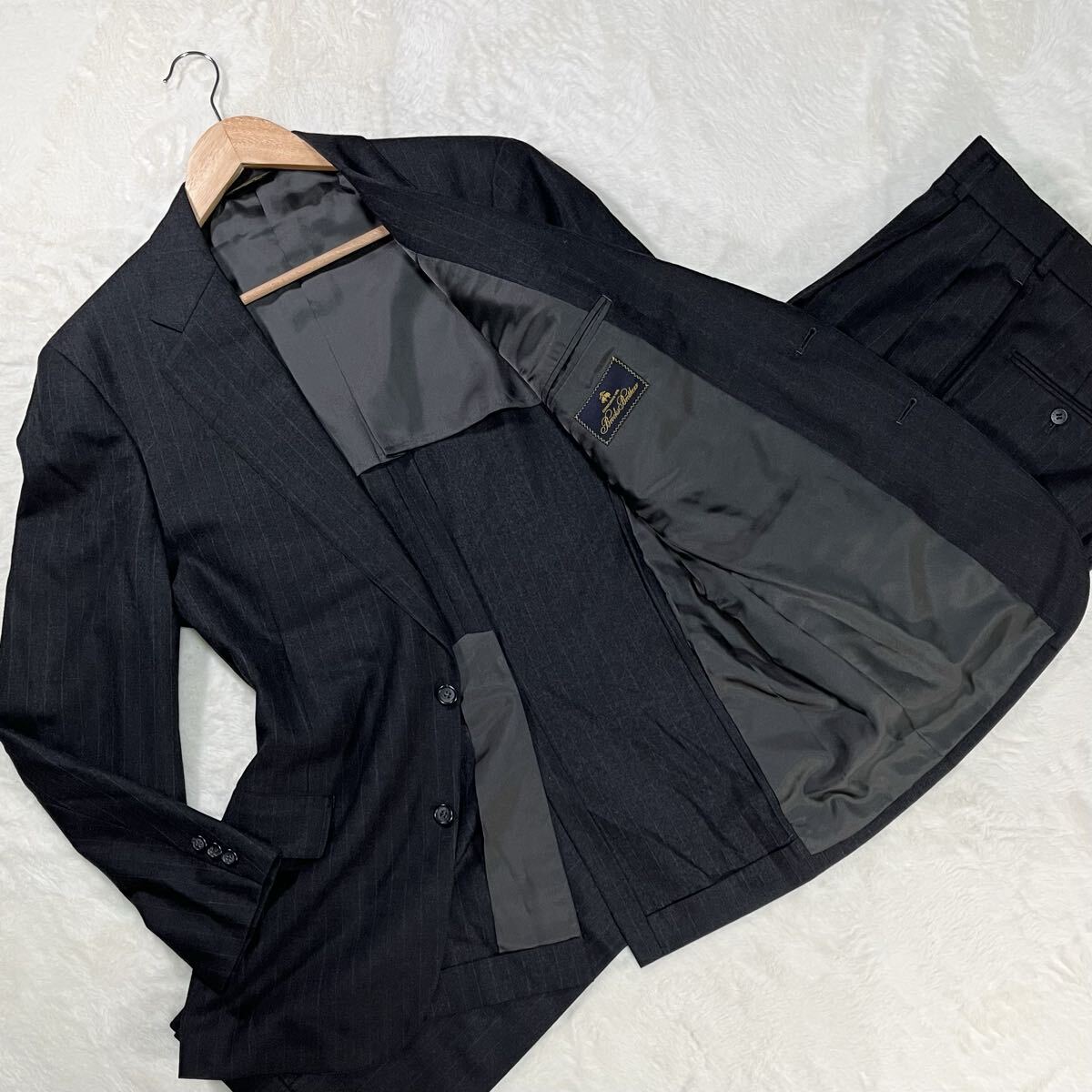 美品/XXL相当 定価約19万円 金タグ ブルックスブラザーズ スーツ セットアップ ウール100% ブラック ストライプ 2B 拍卖