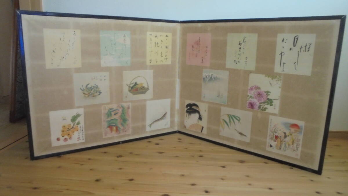 貼り交ぜ屏風 2曲 俳句 和歌 日本画 工芸印刷色紙貼 レトロ 6897 書画 日本画 京都雲屋 拍卖