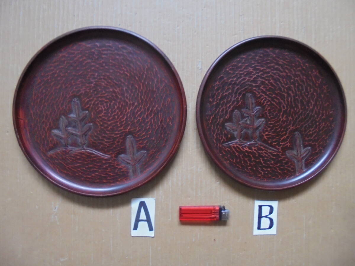 鳥城彫盆 2枚 木製漆器 岡山特産 茶道具 レトロ 7116 漆器 木製品 京都雲屋 拍卖