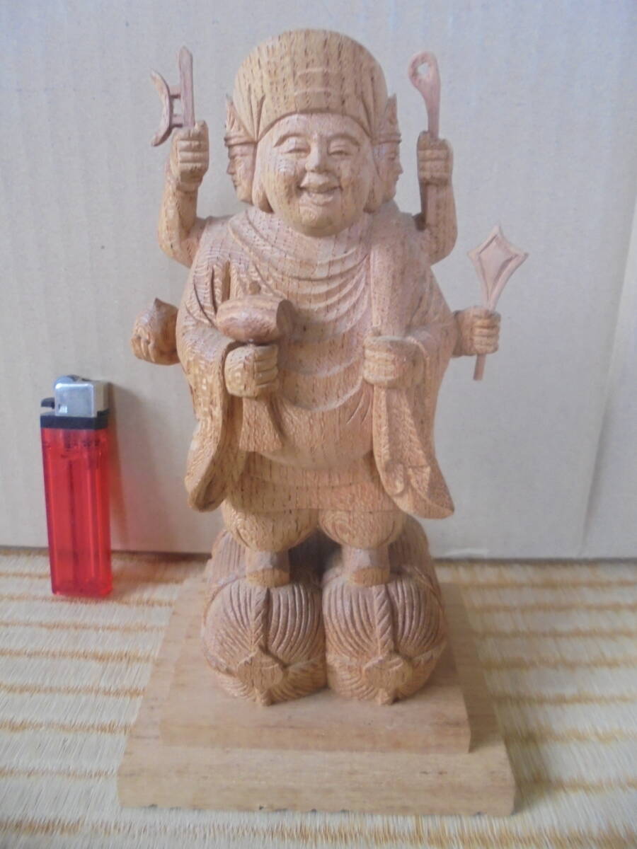 三面大黒天 三面六腕 毘沙門天 弁財天 三位一体仏 レトロ ケヤキ材 良品 3842 仏像 彫刻 人形等 京都雲屋 拍卖