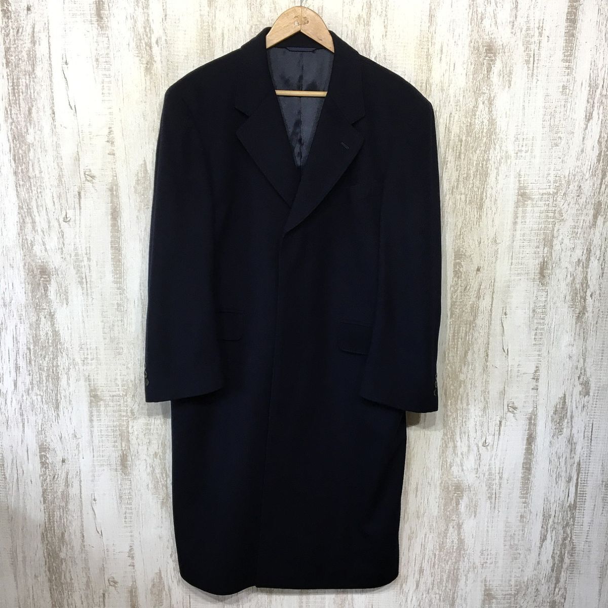 113☆【90s ヴィンテージ カシミアロングコート カシミヤ100%】RIZZARE UOMO 紺 ビジネス拍卖