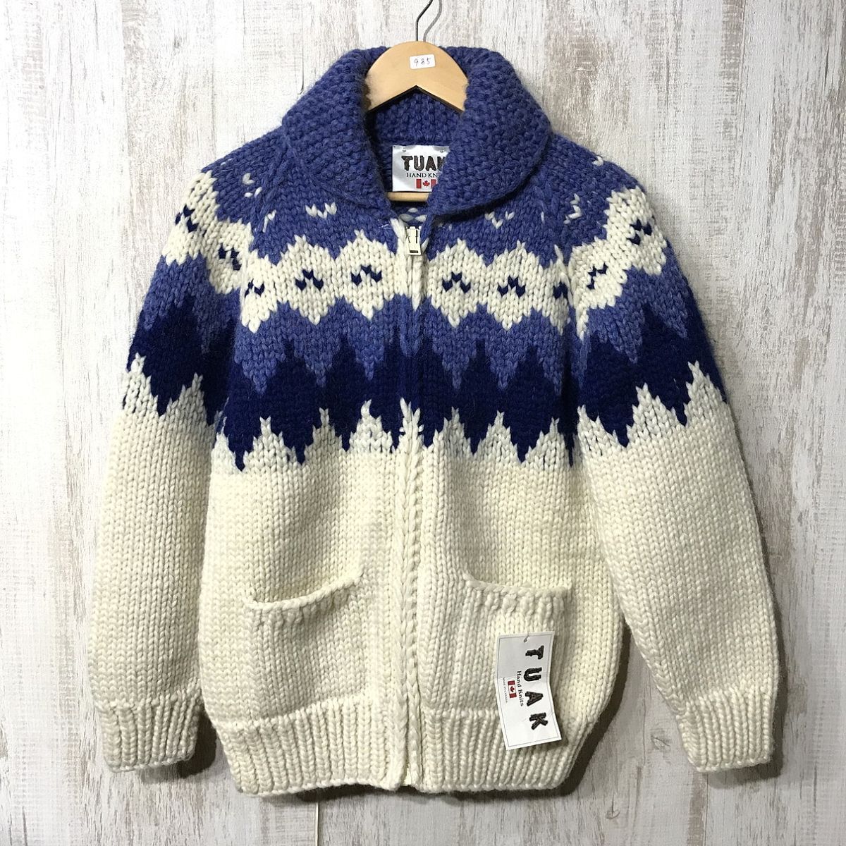 985☆【タグ付き カナダ製 ヴィンテージ ノルディック カウチンニットジャケット】TUAK ハンドニット セーター マルチカラー 38拍卖