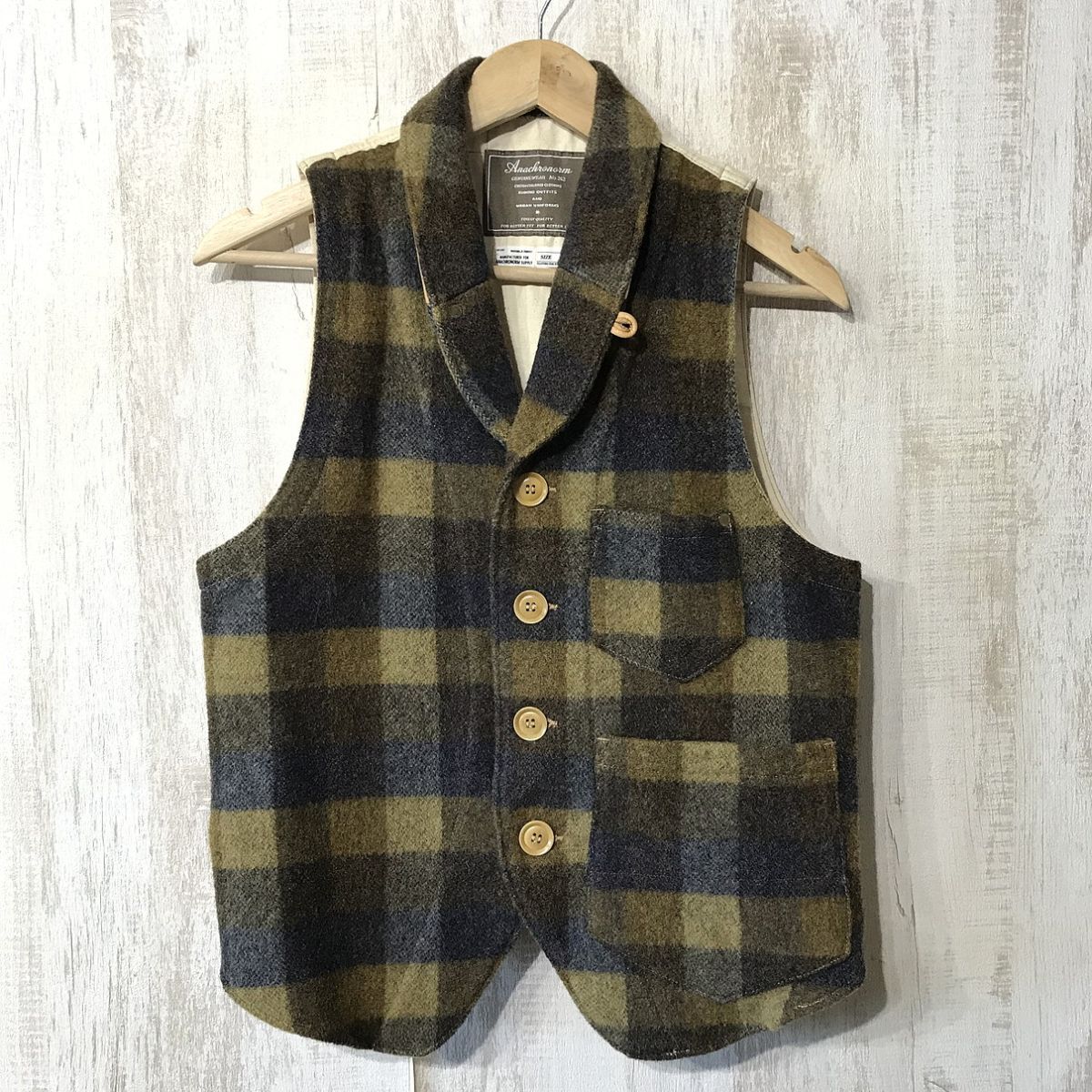 988☆【牛革使い チェック メルトンウールベスト ジレ】Anachronorm SUPPLY アナクロノーム 1 マルチカラー拍卖