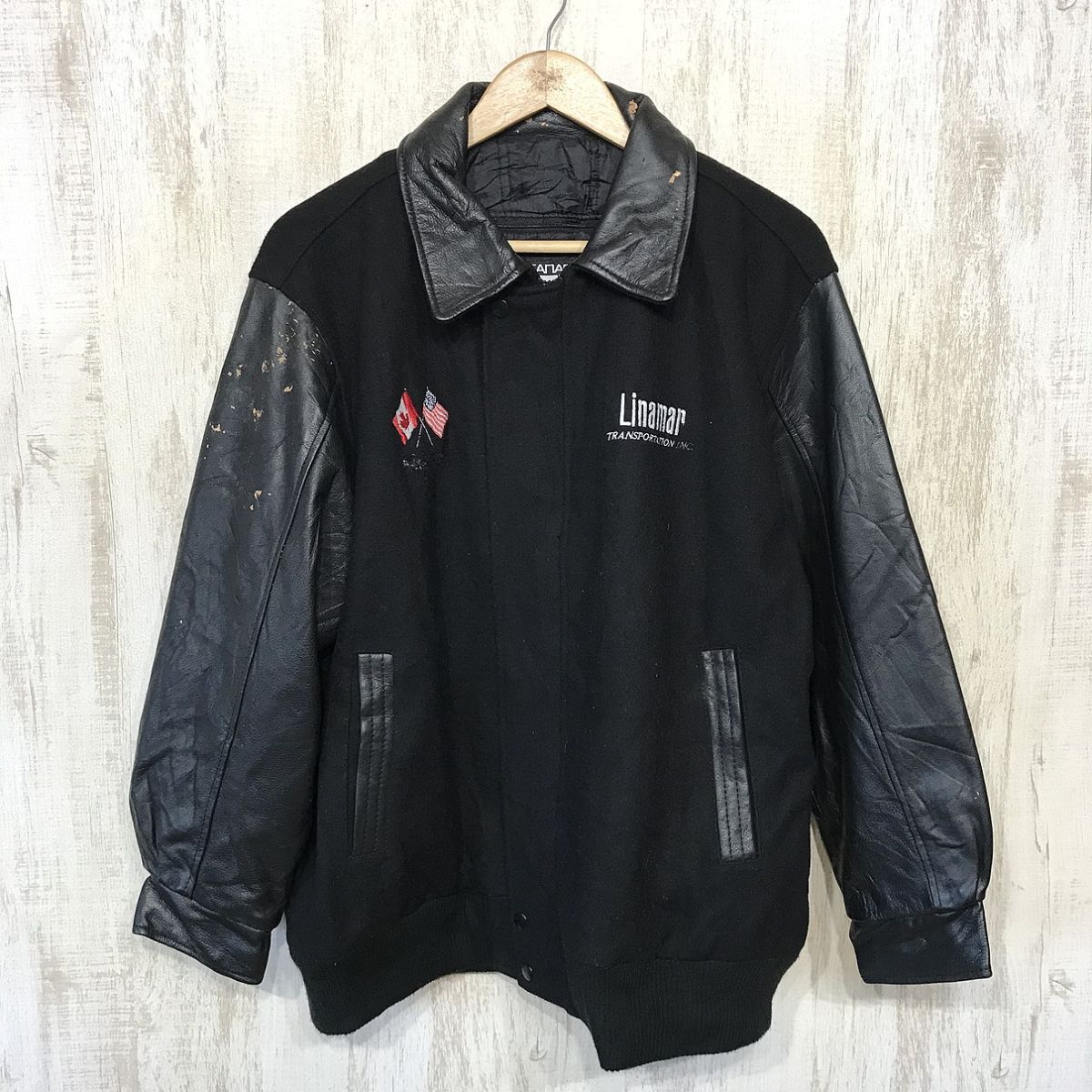 V502☆【袖レザー切り替え ウールスタジャン】CANADA SPORTS WEAR 黒 L拍卖