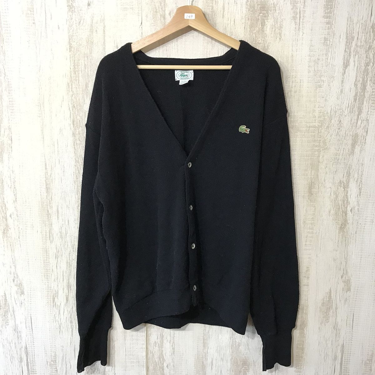 149☆【USA製 アメリカ古着 ヴィンテージ アクリルニットカーディガン】IZOD LACOSTE ラコステ 黒 L拍卖