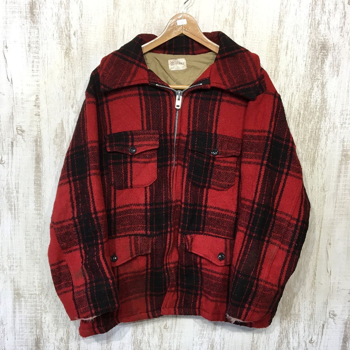 V522☆【USA製 アメリカ古着 バッファローチェック ウールジャケット】melton メルトン 赤 黒 L拍卖
