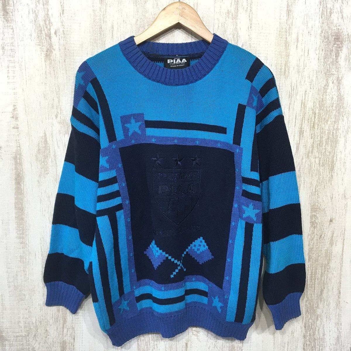 180☆【イタリア製 ユーロ古着 レトロニットセーター】RACING PIAA ピアスポーツ マルチカラー S拍卖