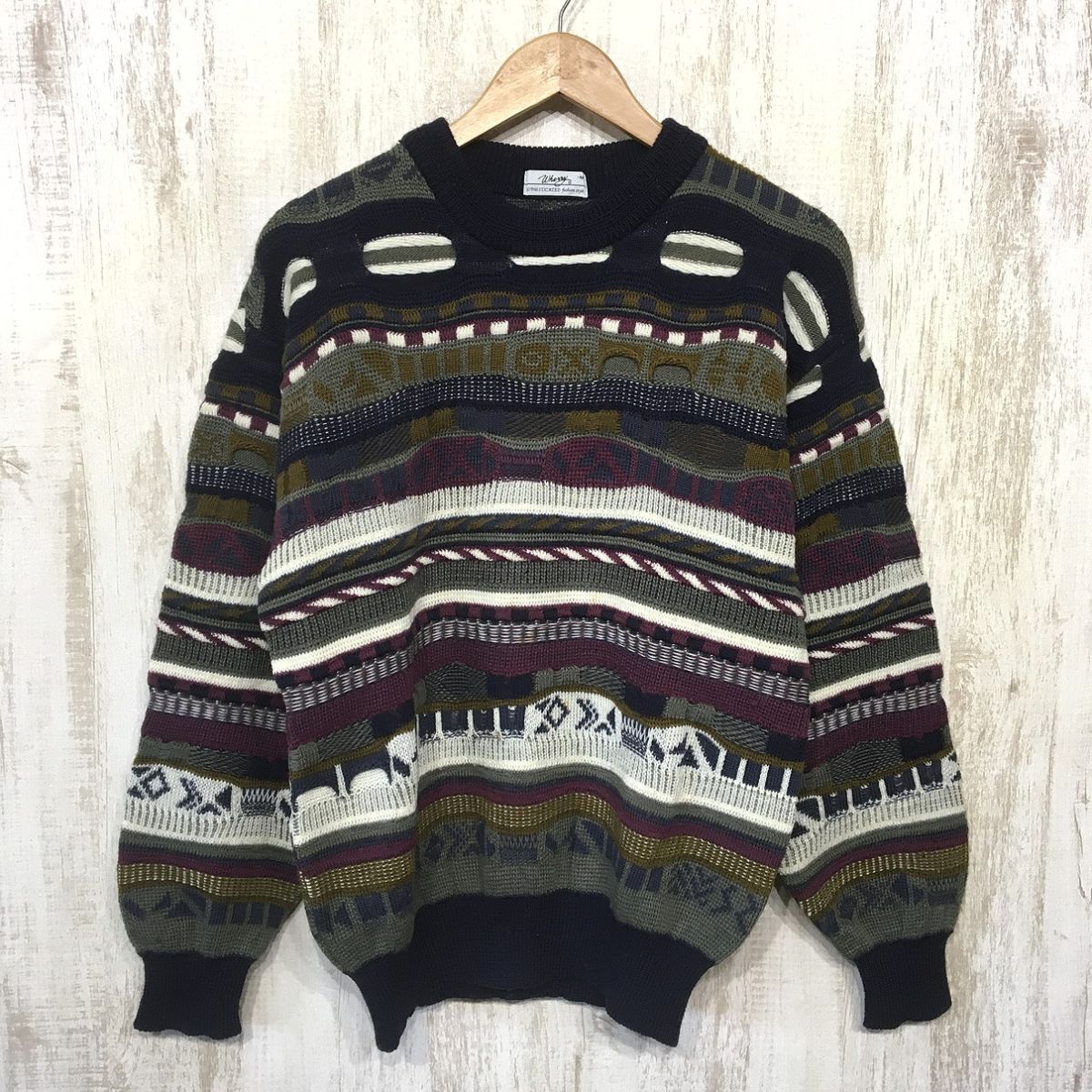 184☆【ヴィンテージ 古着 3D 立体 レトロニットセーター】whenny マルチカラー M拍卖
