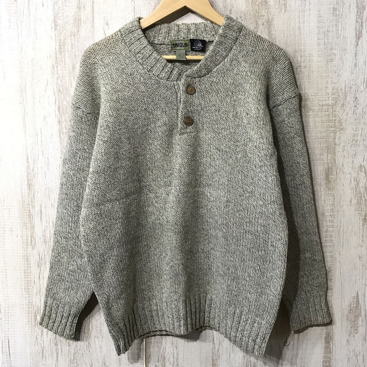 202☆【90s ヴィンテージ オールドユニクロ】UNIQLO ヘンリーネック ウールニットセーター L拍卖